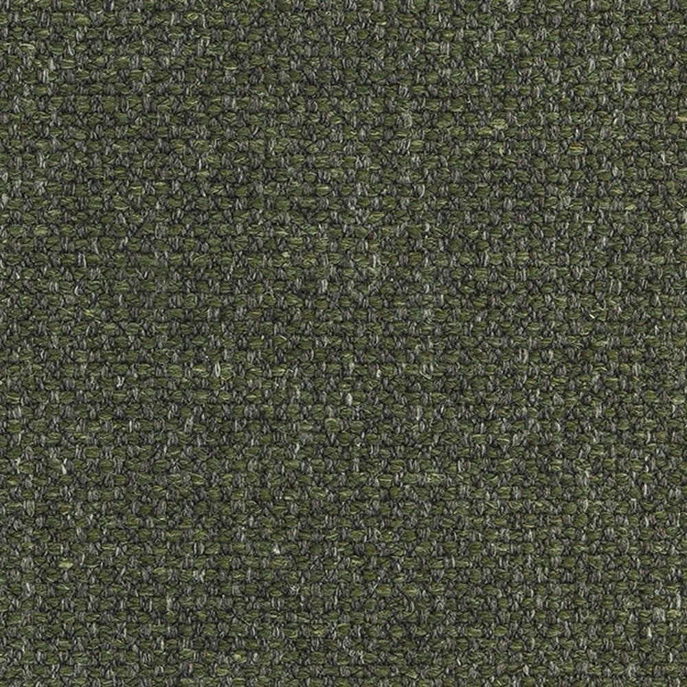 Close-up of olive-green woven upholstery fabric in a 13% linen, 45% acrylic, 42% polyester blend showing a small textured looped weave, ideal for sofa upholstery.