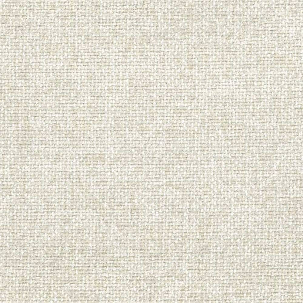 Close-up of a neutral cream woven upholstery fabric swatch for contemporary sofas, showing a textured basket-weave in 15% cotton, 20% rayon and 65% polyester.