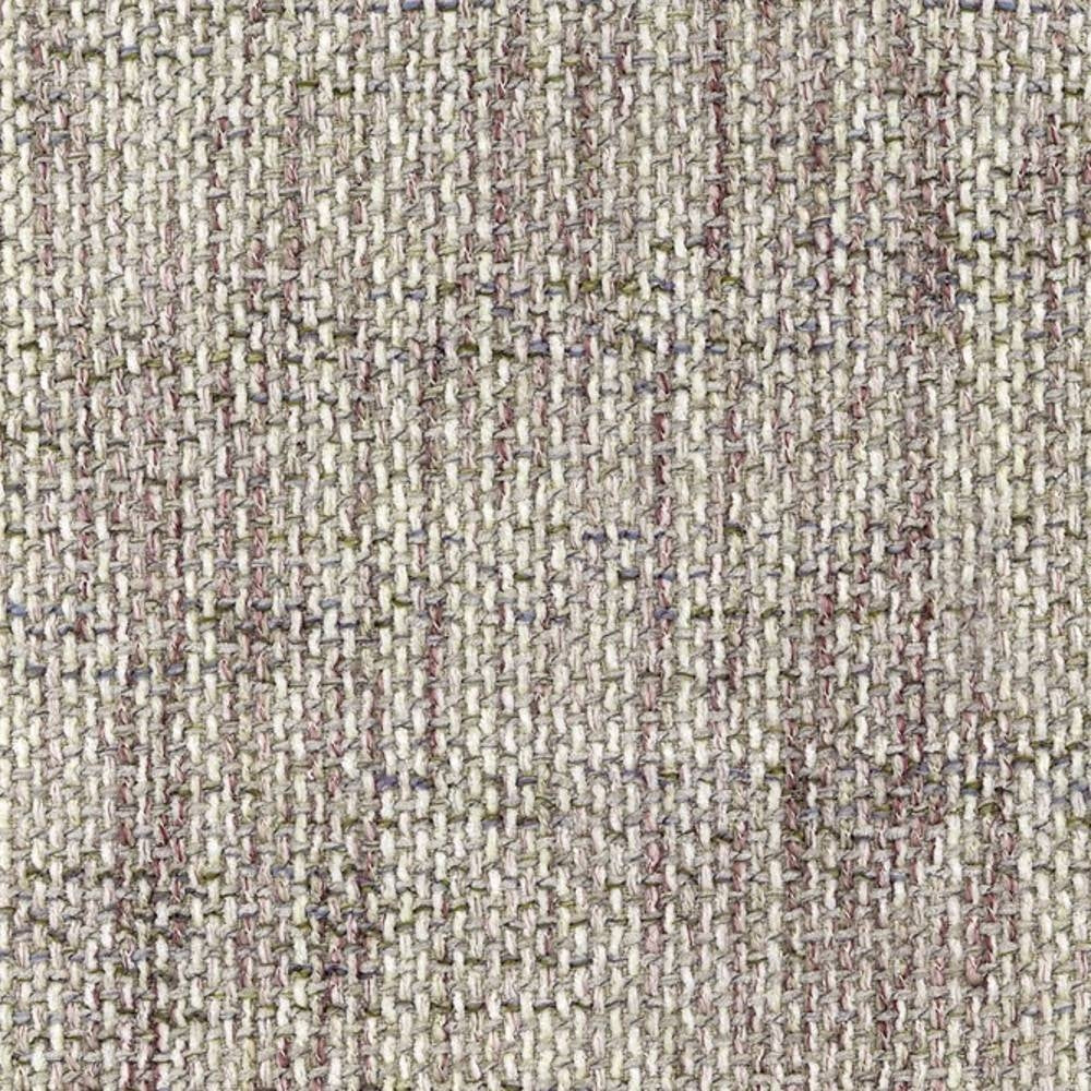 Close-up of beige, neutral woven upholstery fabric showing a textured basket weave with subtle green, pink and blue slubs; contemporary sofa and office fabric composed of 54% rayon, 7% acrylic and 39% triacetate.