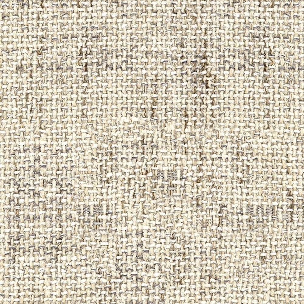 Close-up of beige and cream woven upholstery fabric with a textured basketweave pattern, showing fiber mix (54% rayon, 7% acrylic, 39% triacetate) suitable for contemporary sofas and office seating.