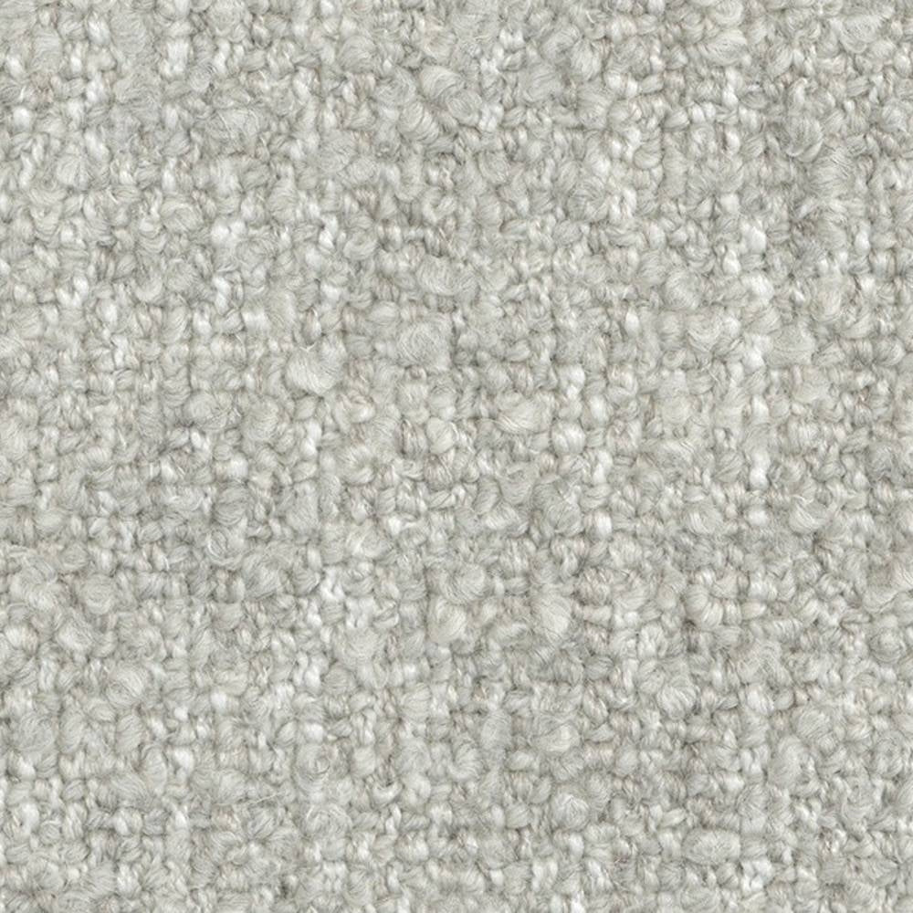 Close-up of light neutral boucle upholstery fabric showing dense looped texture; 24% wool, 66% acrylic, 10% polyester blend designed for contemporary sofa upholstery.