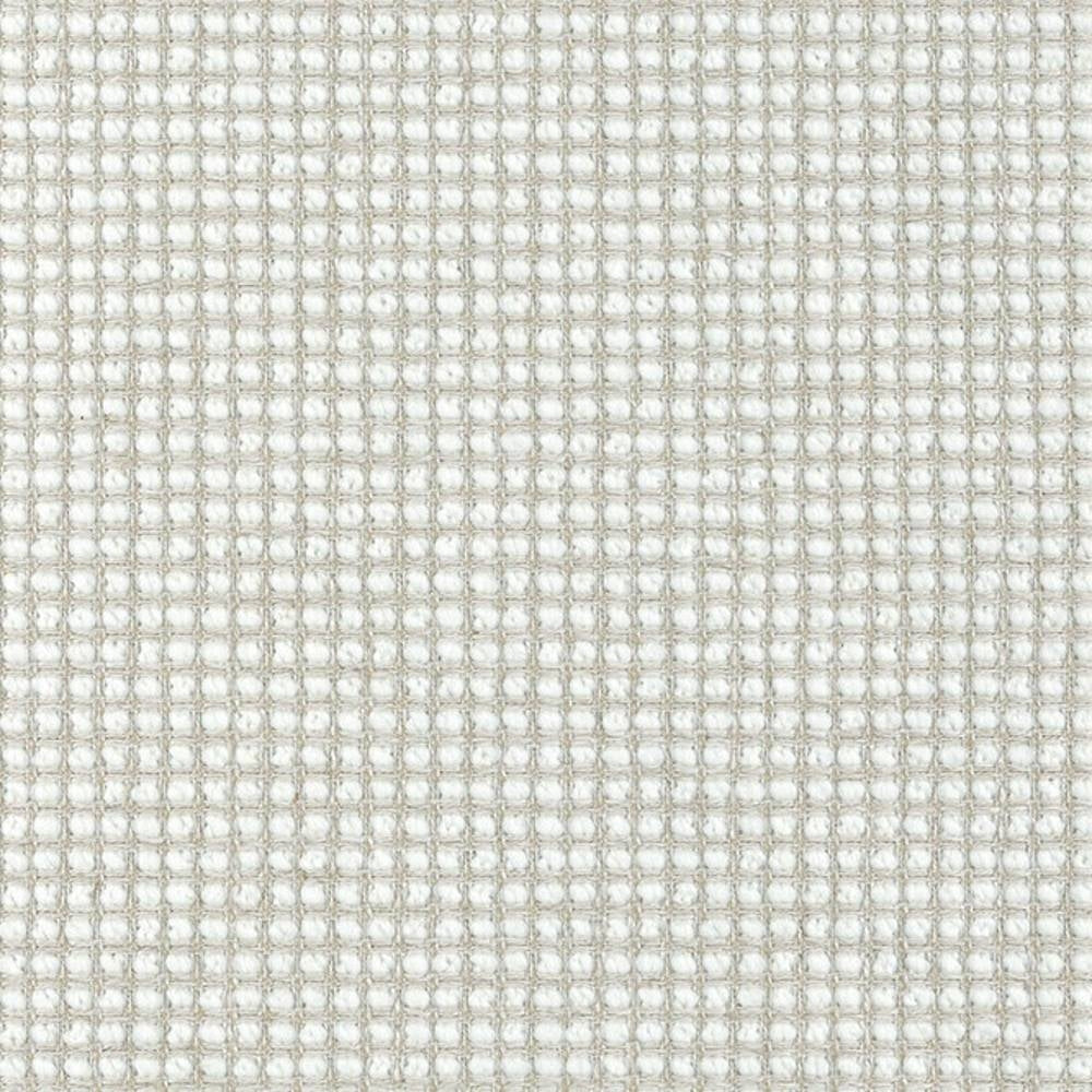 Close-up of white neutral woven upholstery fabric showing a small square grid waffle weave; textured blend of linen, wool, viscose, acrylic and polyester suitable for sofa upholstery.