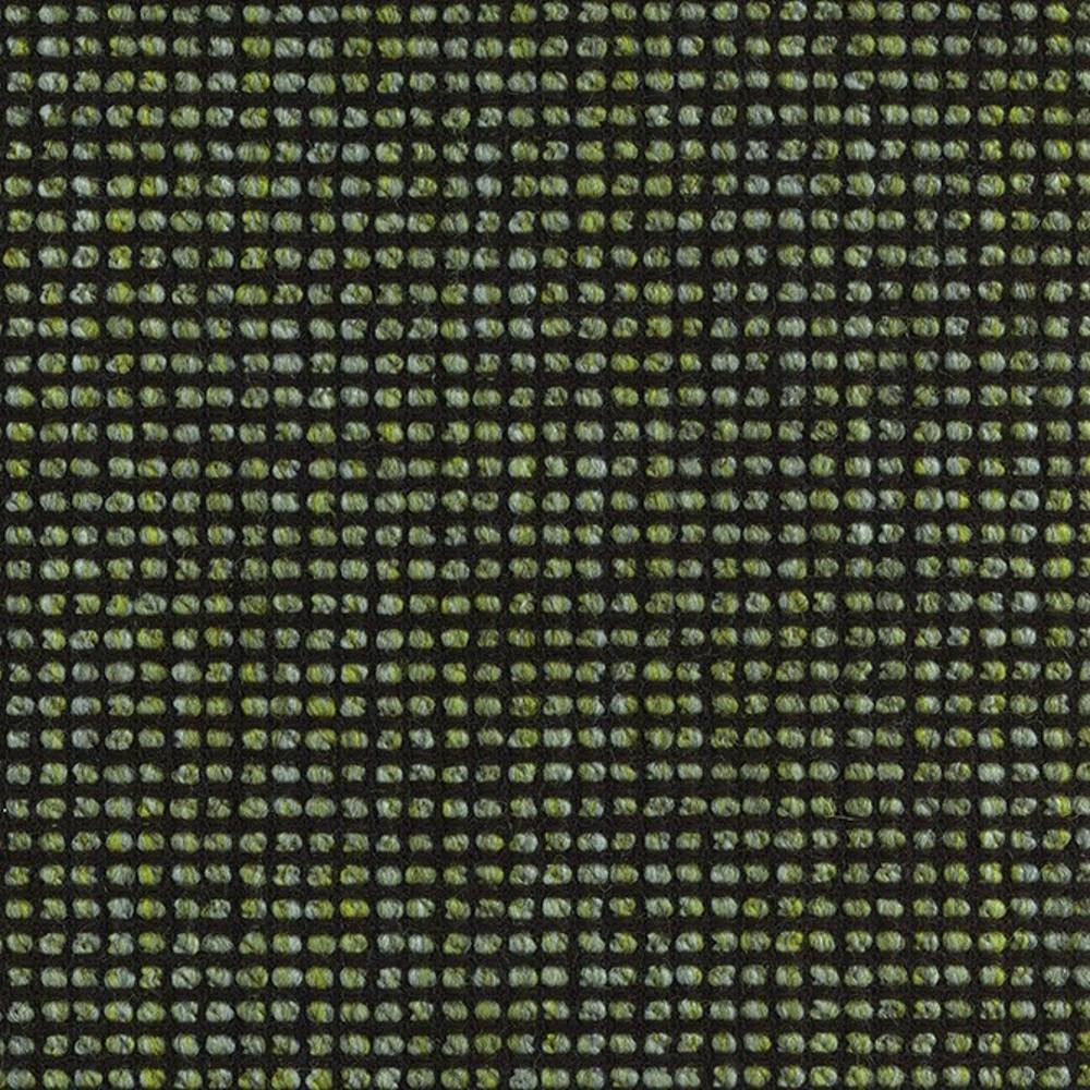 Macro close-up of olive-green and pale-gray looped woven upholstery fabric showing a tight square-grid pattern on a dark ground; linen, wool, viscose and polyester blend suitable for sofa upholstery.