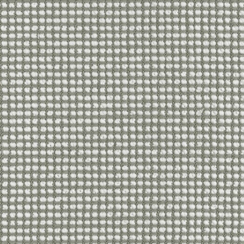 Close-up of neutral white upholstery fabric with a tight square grid weave, light gray thread outlines and soft white tufts, showing textured slub detail; linen, wool, viscose and polyester blend for sofas.