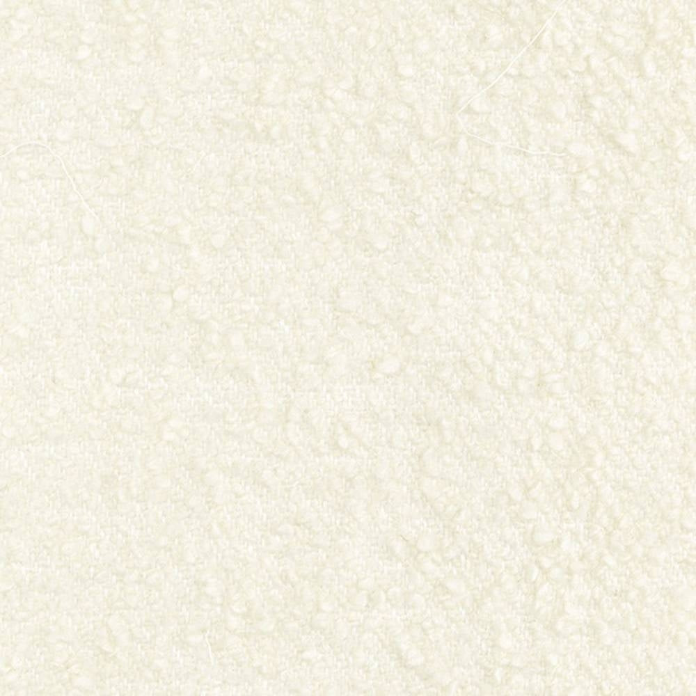 Close-up of cream boucle woven upholstery fabric for sofas, showing a soft nubby texture; 24% wool, 11% linen, 15% viscose, 40% acrylic and 10% polyester blend.
