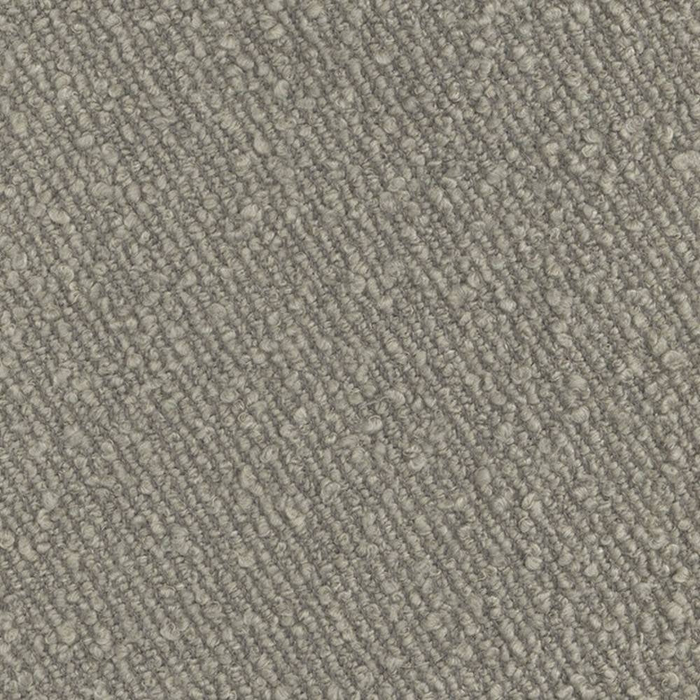 Close-up of cream boucle upholstery fabric showing dense looped weave and subtle diagonal ribbing; a wool, linen, viscose, acrylic and polyester blend intended for sofa upholstery.