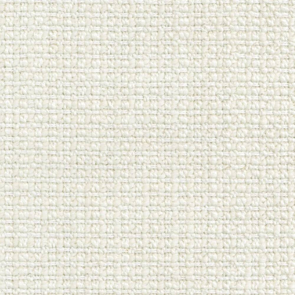Close-up of cream woven upholstery fabric with a subtle basketweave texture, showing looped yarns and soft nap; 18% wool, 5% linen, 59% acrylic, 18% polyester blend suitable for sofas and heavy-use upholstery.