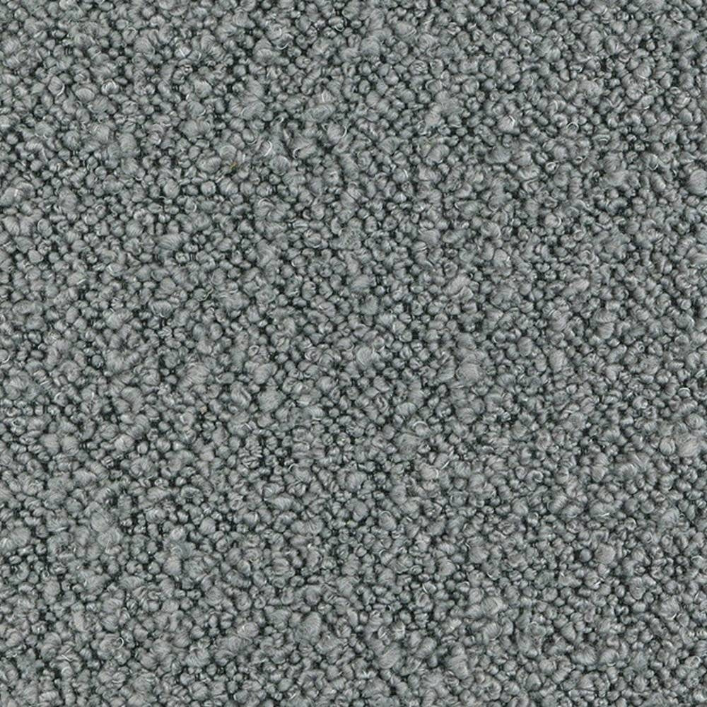 Close-up of a neutral light-gray wool-blend upholstery fabric (31% wool, 55% acrylic, 14% polyester) showing dense looped bouclé texture suitable for modern or contemporary sofas.