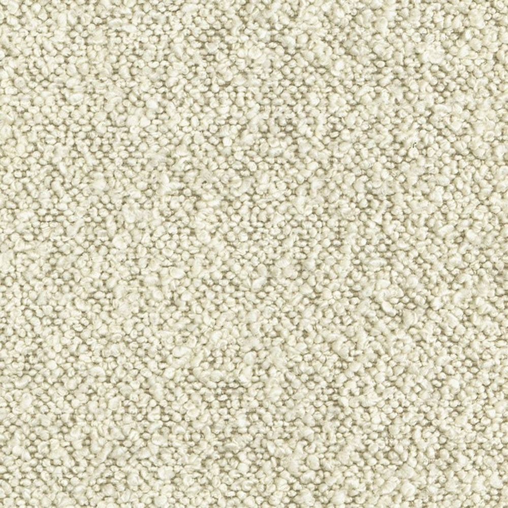 Close-up of cream boucle upholstery fabric with dense looped texture; 31% wool, 55% acrylic, 14% polyester blend suitable for contemporary and modern sofas.