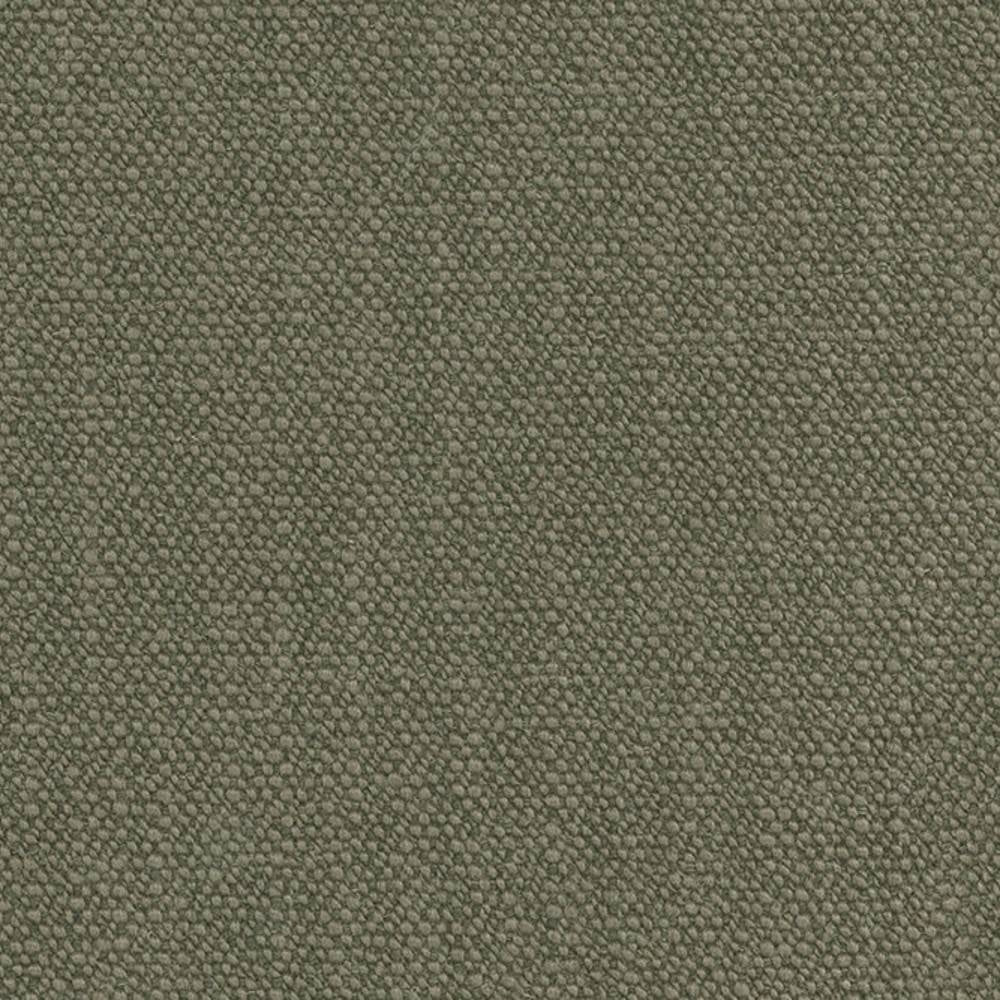 Close-up of neutral olive-gray upholstery fabric showing a tight pebble-like weave, composed of 14% wool, 3% linen, 52% acrylic and 31% polyester, intended for contemporary sofa upholstery.