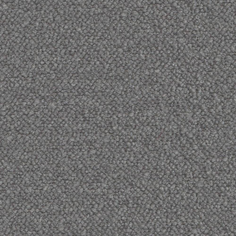 Close-up of soft grey boucle upholstery fabric showing tight looped texture; 30% wool, 50% acrylic and 20% polyester blend suitable for indoor sofa upholstery.