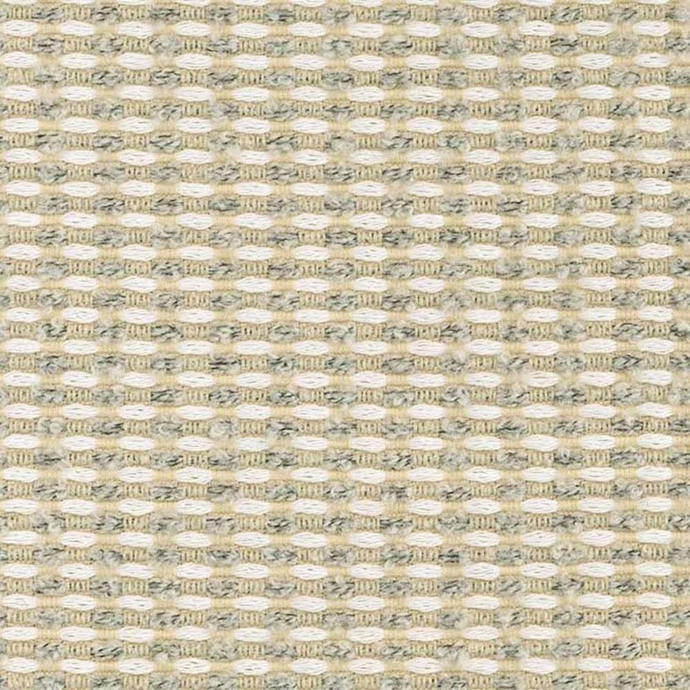 Close-up of neutral beige geometric woven upholstery fabric with cream yarns and a textured horizontal looped weave, ideal for modern sofa upholstery; 12% wool, 25% acrylic, 63% triacetate blend.