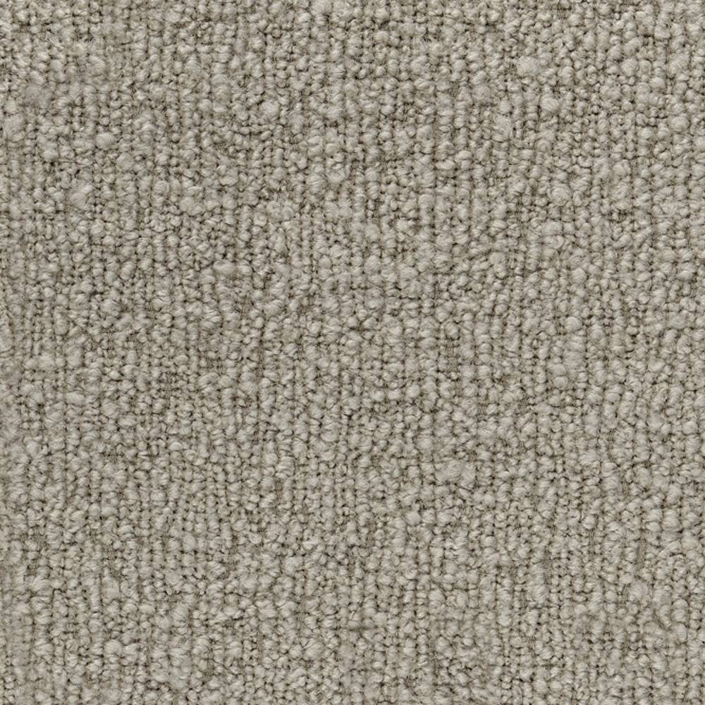 Close-up of beige-gray boucle upholstery fabric showing looped texture and tight weave; 30% wool, 46% acrylic, 24% polyester blend ideal for contemporary and modern sofa or office upholstery.