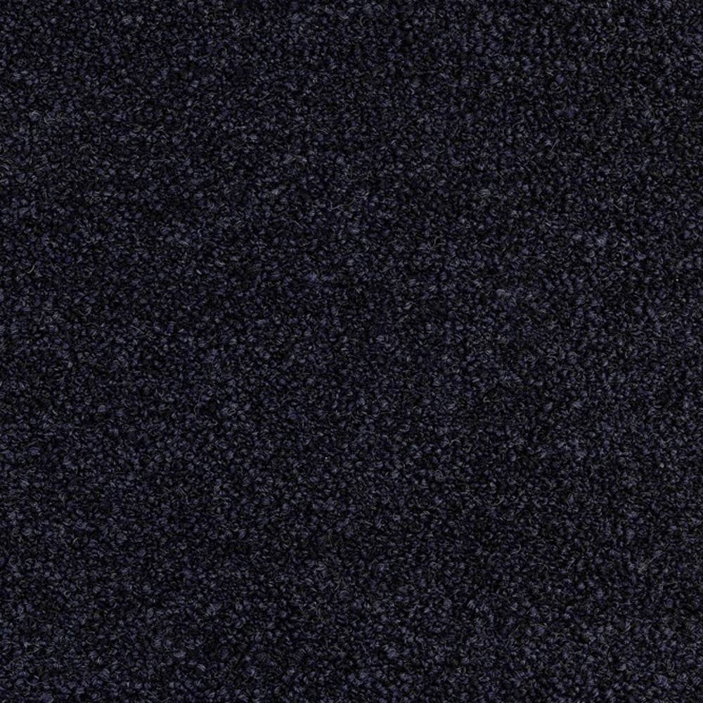 Close-up of dark charcoal gray bouclé upholstery fabric with dense looped texture, made of 30% wool, 40% acrylic and 30% polyester, shown as a square swatch for contemporary sofas.