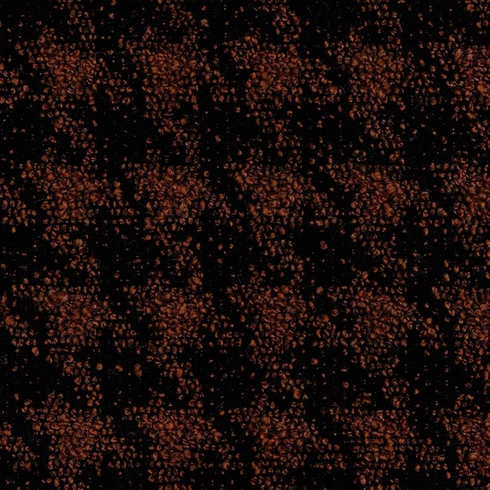 Close-up of black boucle upholstery fabric showing clustered rust-copper looped yarns on a black ground; 25% wool, 44% acrylic, 21% cotton and 10% polyester blend for sofa upholstery.