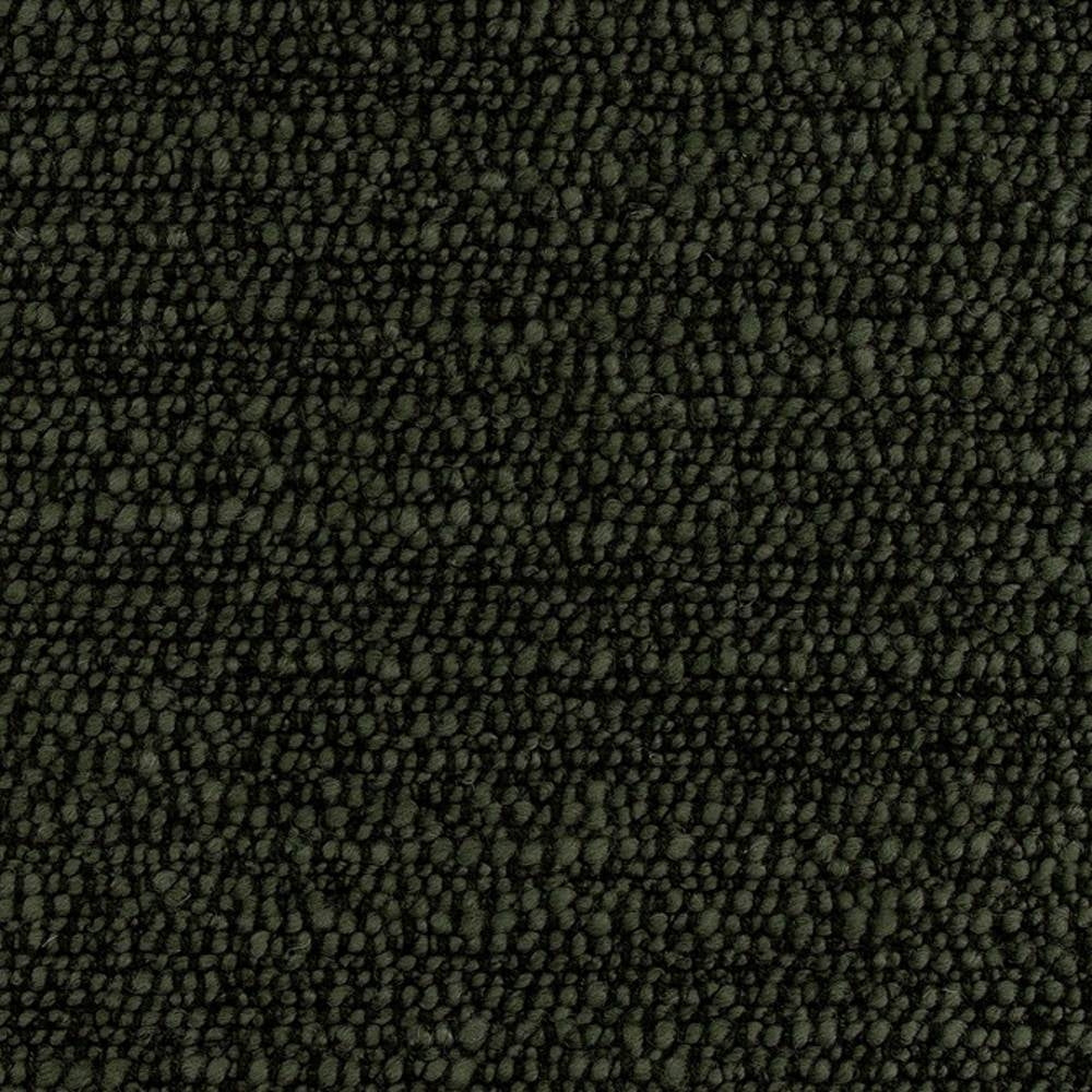 Close-up of dark olive-green boucle upholstery fabric showing dense looped texture; wool-acrylic-linen-poly blend ideal for contemporary sofa upholstery.