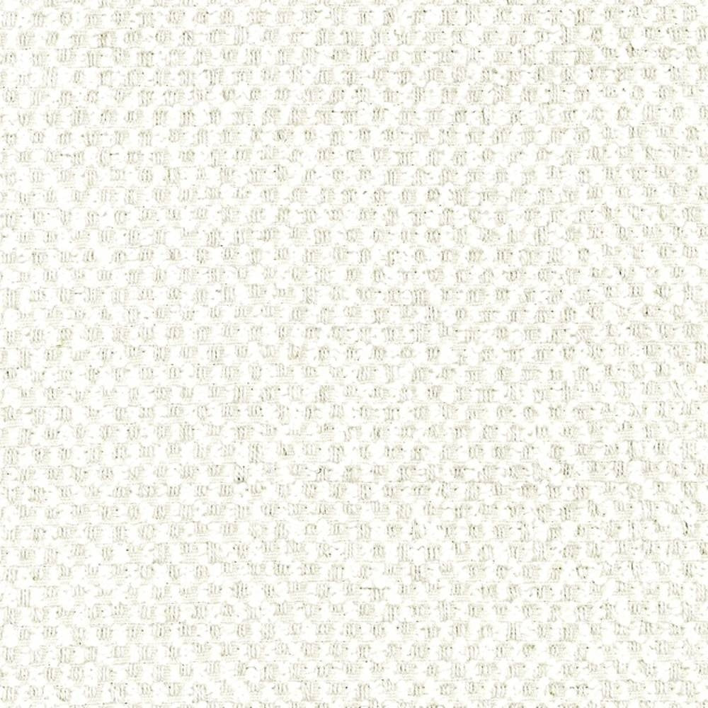 Close-up of an off-white neutral upholstery fabric swatch showing a small waffle-like basketweave texture; blended fibers include wool, acrylic, linen, rayon and polyester, intended for sofa use.