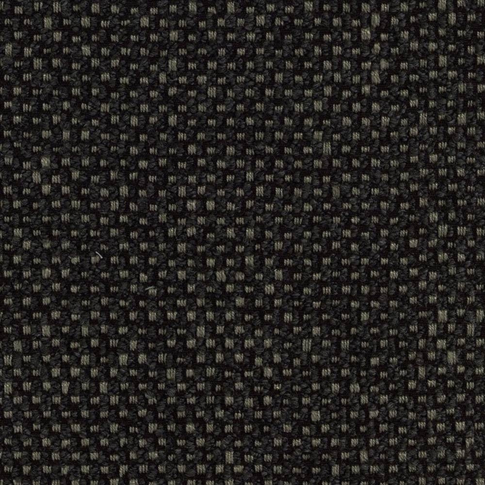 Close-up of neutral woven sofa upholstery fabric in dark charcoal with subtle gray flecks, showing a tight textured basket weave; blend of wool, acrylic, linen, rayon and polyester.