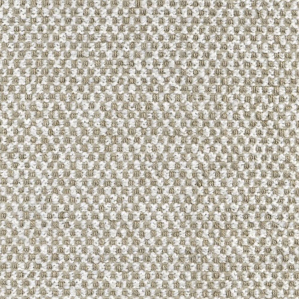 Close-up of neutral ivory and white woven upholstery fabric showing a small basket-weave texture with looped yarns; blend of 10% wool, 18% acrylic, 12% linen, 21% rayon and 39% polyester for sofa use.