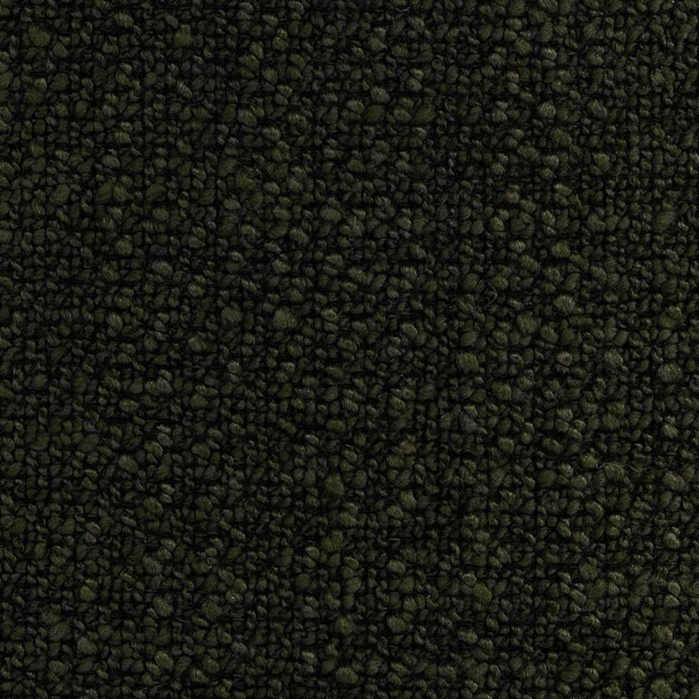 Close-up of dark olive-green boucle upholstery fabric showing dense looped pile texture; heavy-duty sofa textile composed of 73% rayon and 27% triacetate for durable indoor use.