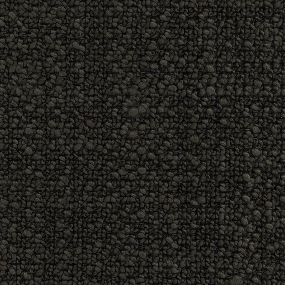 Close-up of dark charcoal boucle upholstery fabric showing dense curly loop texture; 73% rayon and 27% triacetate heavy-duty indoor fabric suitable for sofas.