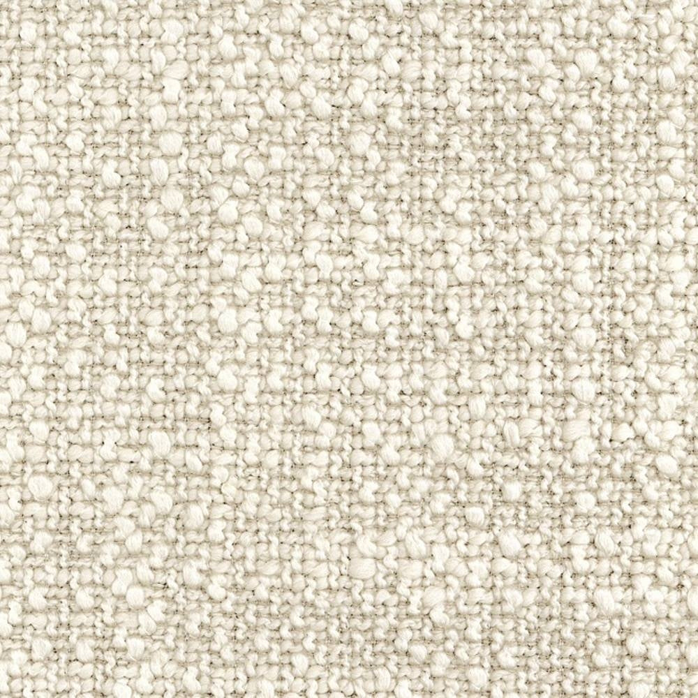 Close-up of cream-colored looped bouclé upholstery fabric, 73% rayon and 27% triacetate, showing a textured tight-loop slub weave suitable for sofas and heavy-duty indoor upholstery.