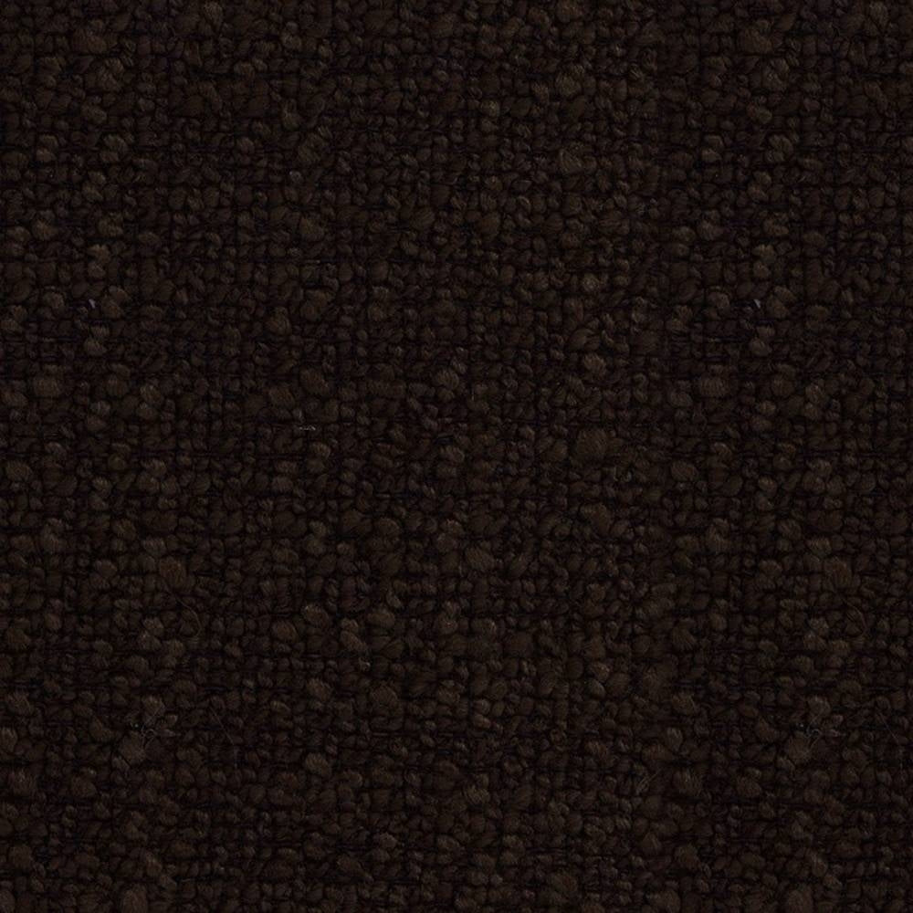 Close-up of dark brown boucle upholstery fabric showing dense looped texture and nap, ideal for sofas; composition 73% rayon, 27% triacetate.