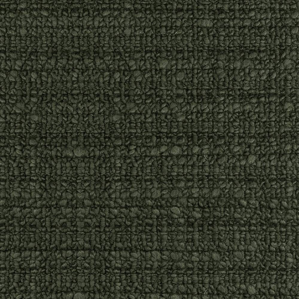 Close-up of a deep olive-green boucle upholstery fabric in a 32% wool, 48% acrylic, 20% triacetate blend, showing dense textured loop pile ideal for sofa upholstery.