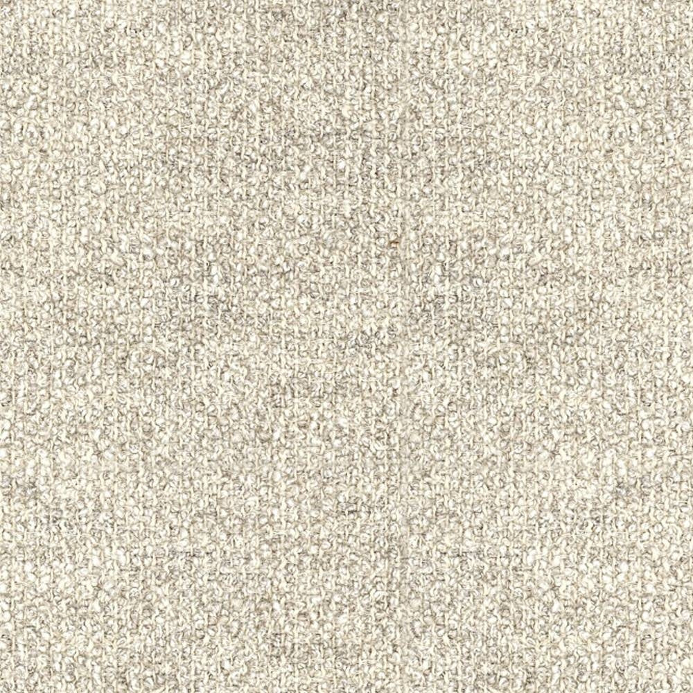 Close-up of neutral beige boucle upholstery fabric showing a dense looped texture; 25% wool, 45% acrylic and 30% triacetate blend, ideal for contemporary sofa upholstery.