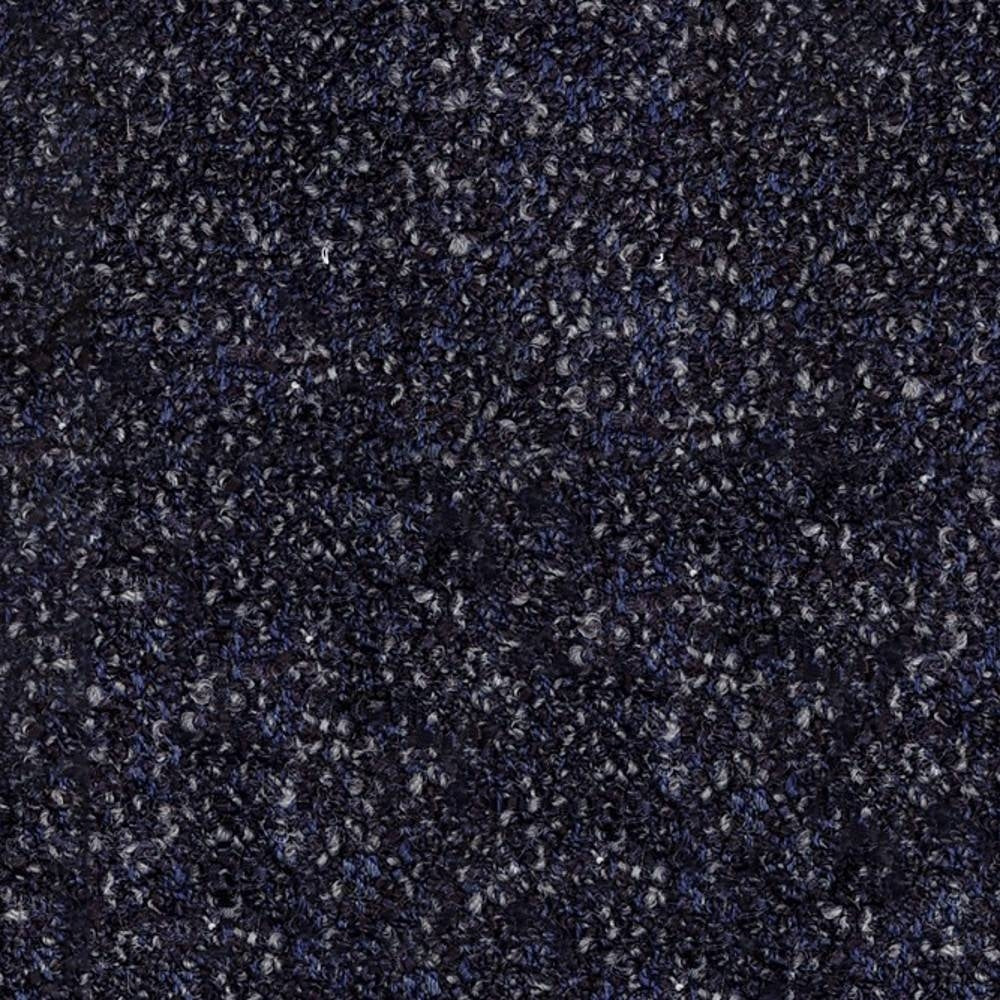 Close-up swatch of deep navy boucle upholstery fabric with charcoal and gray flecks, showing a textured looped pile for contemporary sofas; 25% wool, 50% acrylic, 25% triacetate.