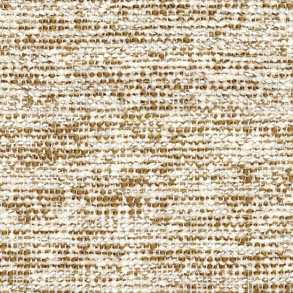 Close-up of cream and beige boucle upholstery fabric showing nubby looped texture and woven slub yarns; durable wool-acrylic-triacetate blend in a neutral tone for contemporary sofa upholstery.