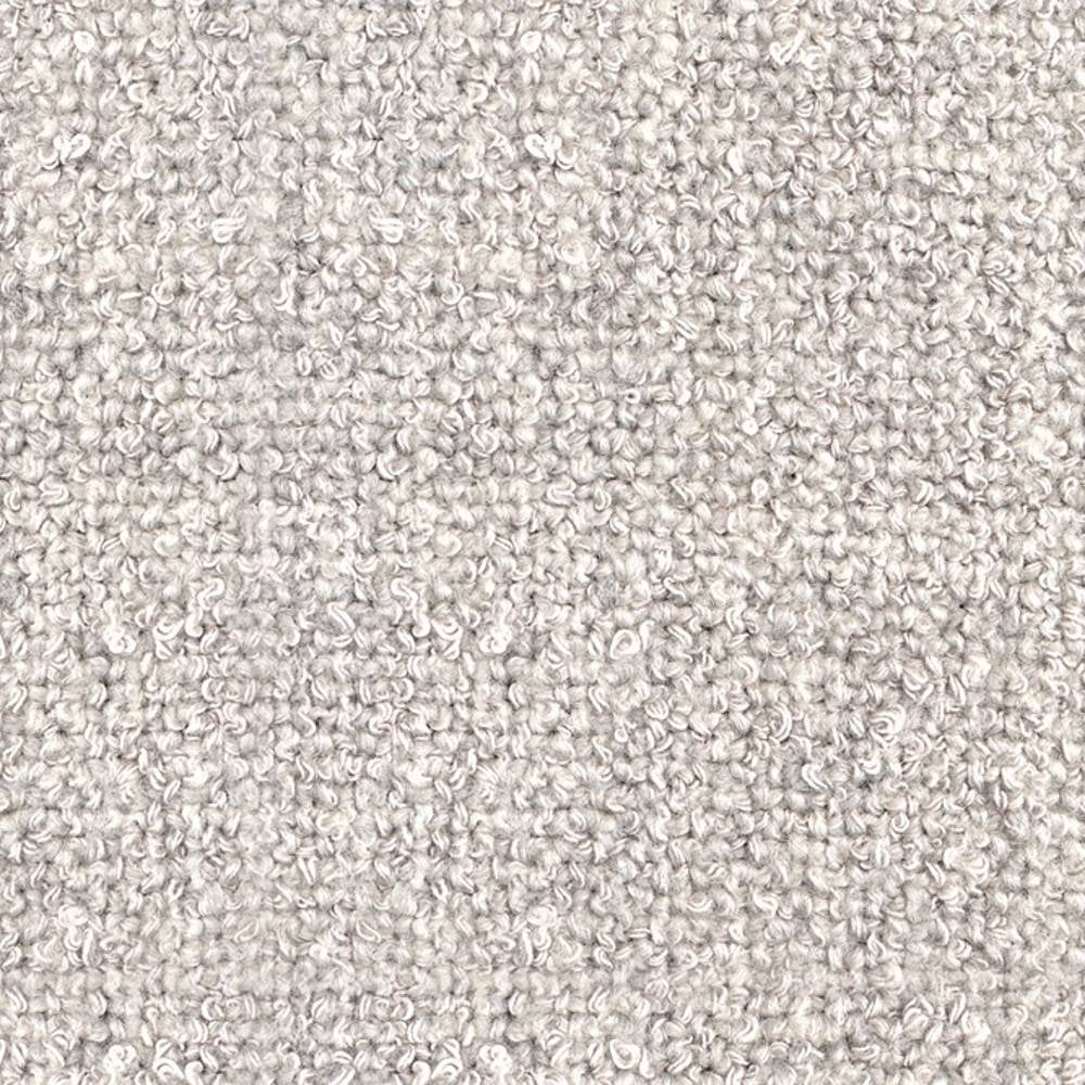 Close-up of cream boucle upholstery fabric showing dense looped wool-blend yarn texture for sofas, soft neutral tone with subtle heathering from rayon, acrylic and triacetate fibers.