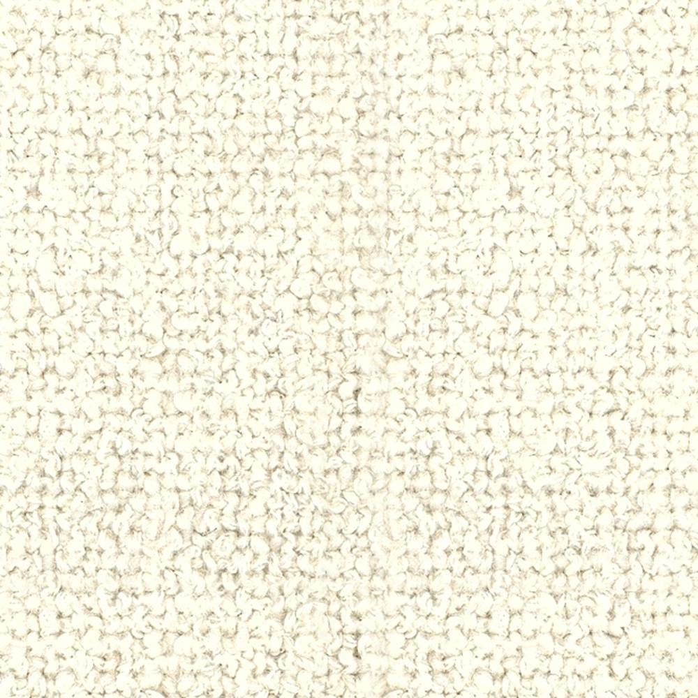 Close-up of cream luxe boucle upholstery fabric showing dense looped texture and subtle tonal variation; 15% wool, 54% rayon, 18% acrylic, 13% triacetate, ideal for sofa upholstery.