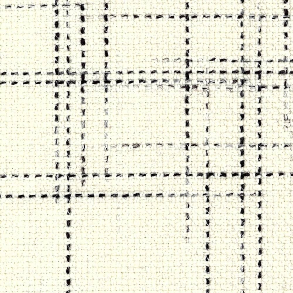 Close-up of cream wool-blend upholstery fabric showing a black windowpane grid and textured woven surface; composition 30% wool, 54% acrylic, 14% triacetate, suited for contemporary sofas and office seating.