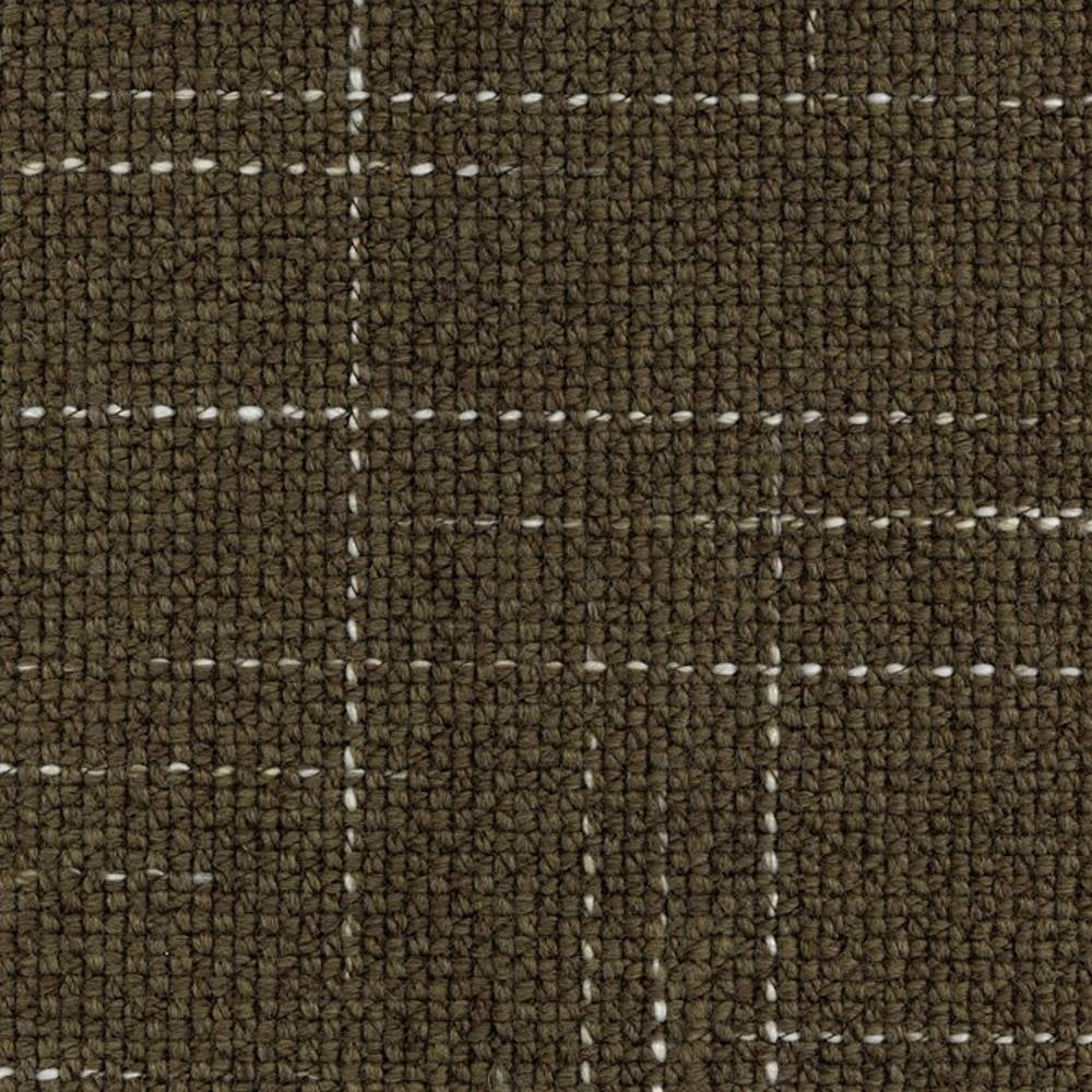 Close-up of olive-brown windowpane upholstery fabric with white stitched grid and chunky woven texture; 30% wool, 54% acrylic, 14% triacetate, designed for contemporary sofas and office seating.