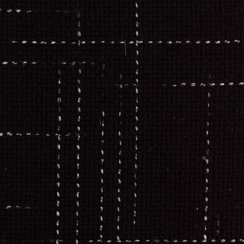 Close-up of black windowpane upholstery fabric in a 30% wool, 54% acrylic, 14% triacetate blend, showing textured weave and thin white stitched grid lines for contemporary, modern sofas or office seating.