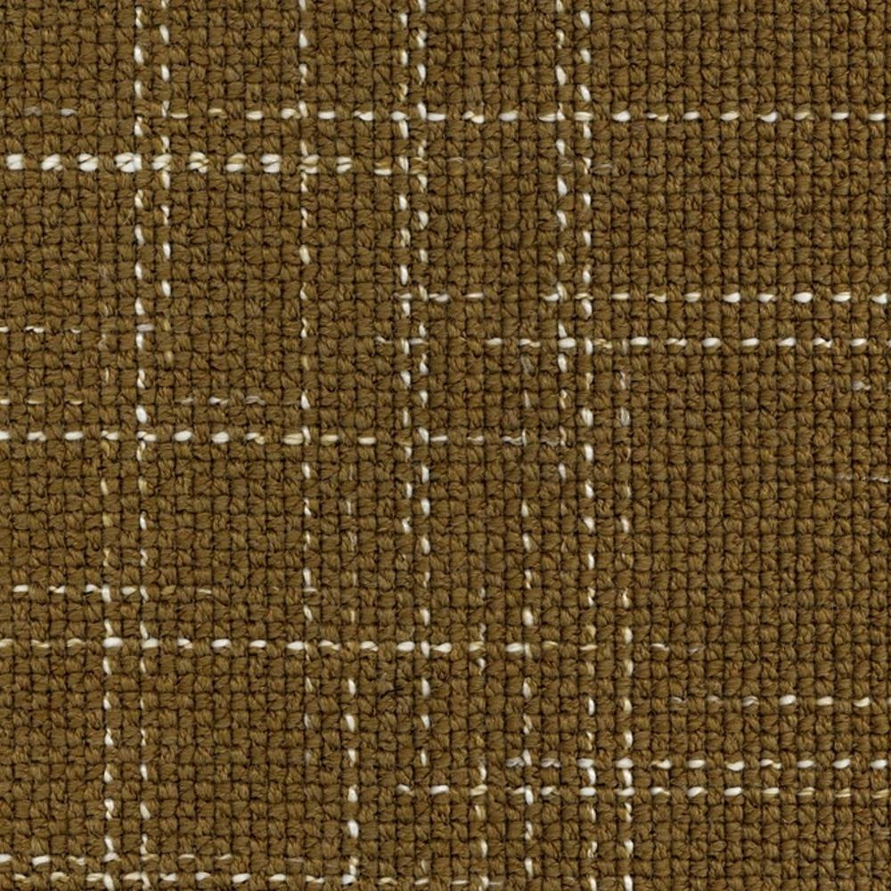 Close-up of olive-brown windowpane upholstery fabric in a 30% wool, 54% acrylic, 14% triacetate blend showing a textured woven boucle weave with white stitched grid, ideal for contemporary sofas and office seating.