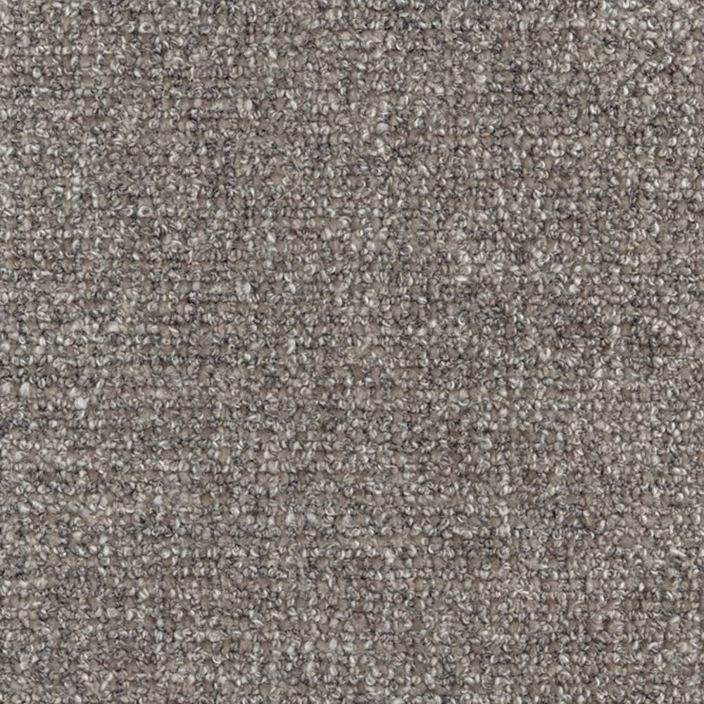 Close-up of taupe beige boucle-look upholstery fabric showing tight looped texture and neutral gray-brown tones, ideal for contemporary sofa upholstery; durable 30% wool, 42% acrylic, 28% triacetate blend.