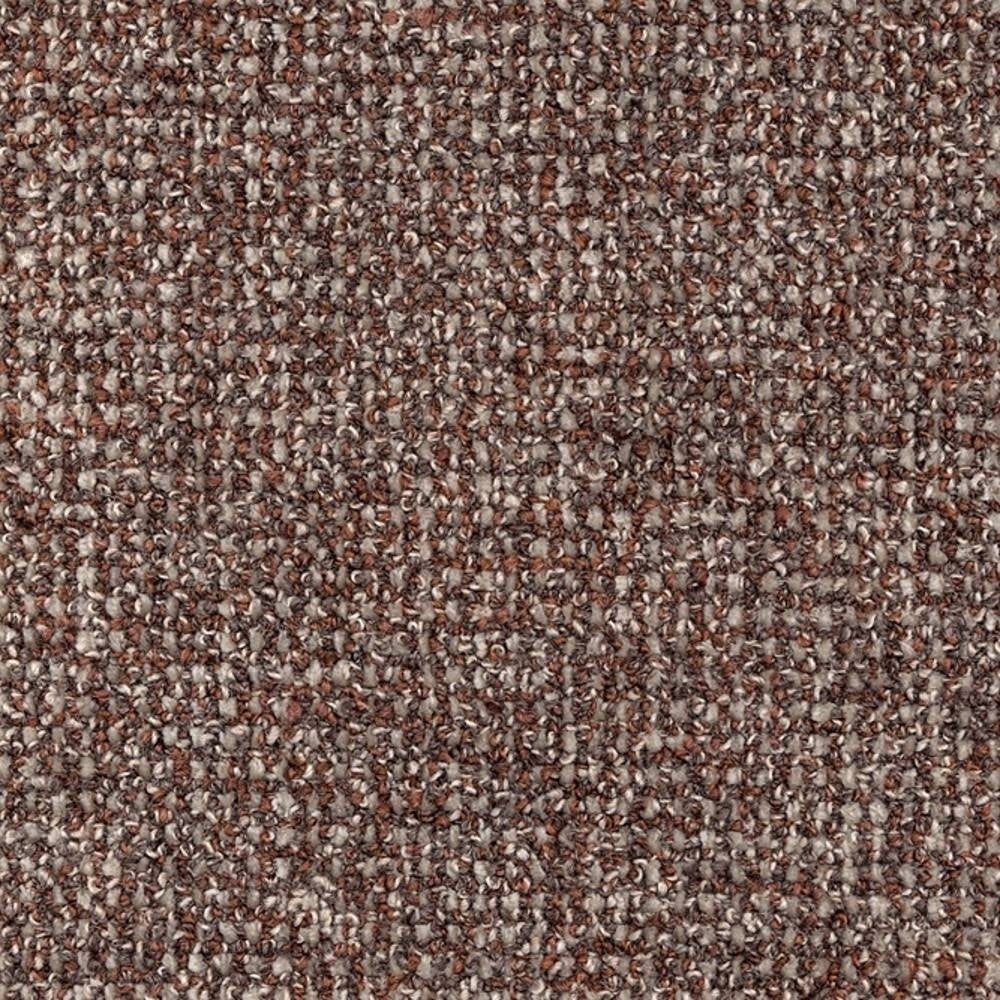 Close-up of boucle-look upholstery fabric in brown, gray and beige tones showing a dense looped texture; 30% wool, 42% acrylic, 28% triacetate for durable, contemporary sofa upholstery.