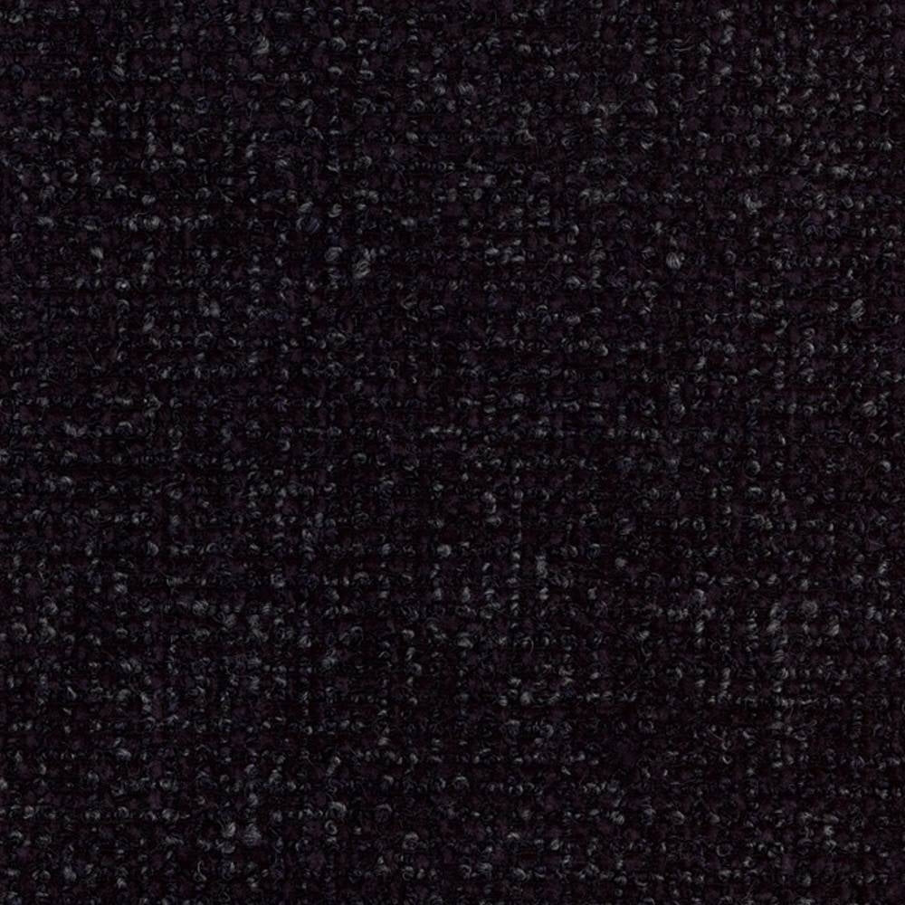 Close-up of dark charcoal boucle-look upholstery fabric for modern sofas, showing tight looped texture and subtle tonal flecks; 30% wool, 42% acrylic, 28% triacetate blend with contract-grade durability.