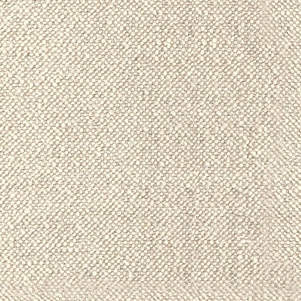 Close-up of cream-beige boucle upholstery fabric with a tight, nubby looped texture and neutral tone; wool and acrylic blend with linen, rayon and triacetate for durable sofa use.