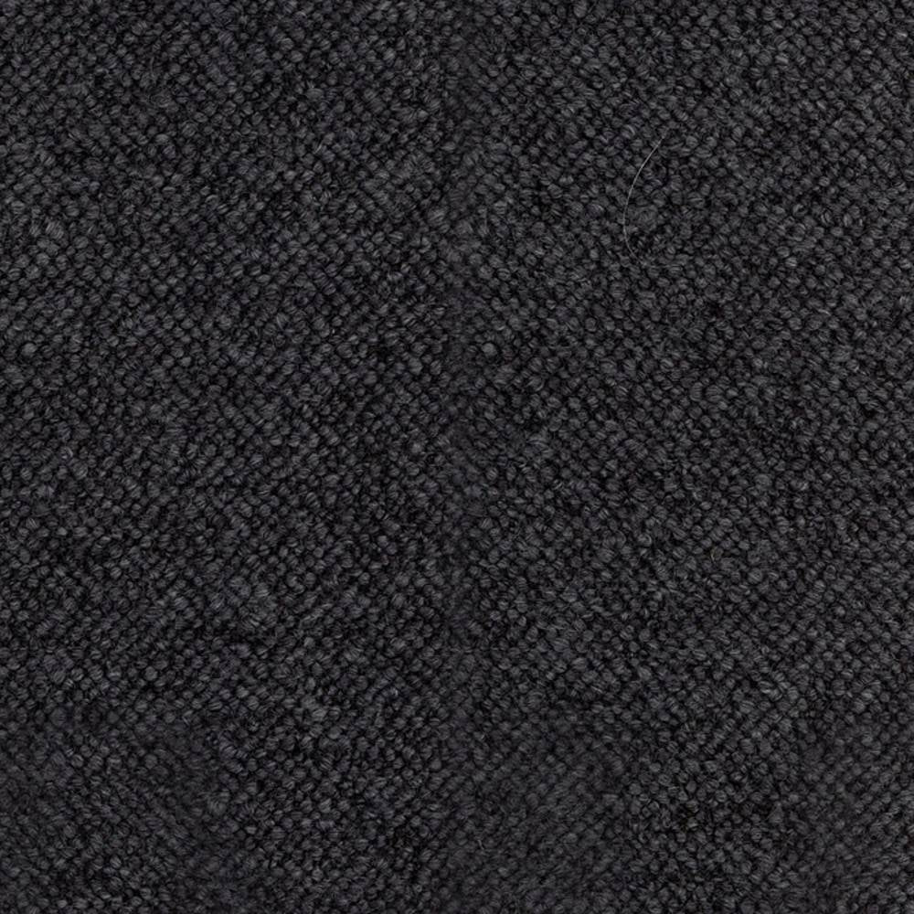 Close-up of deep charcoal tight-weave boucle upholstery fabric in a wool-acrylic blend, showing a dense looped texture and subtle tonal variation suitable for sofa upholstery.