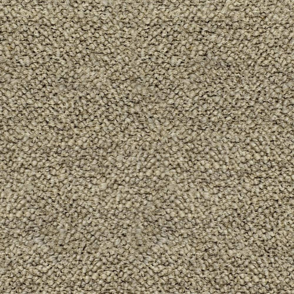Close-up of beige boucle upholstery fabric showing dense nubby loop texture, a 12% wool, 25% acrylic and 63% triacetate blend suited for contemporary sofa upholstery.