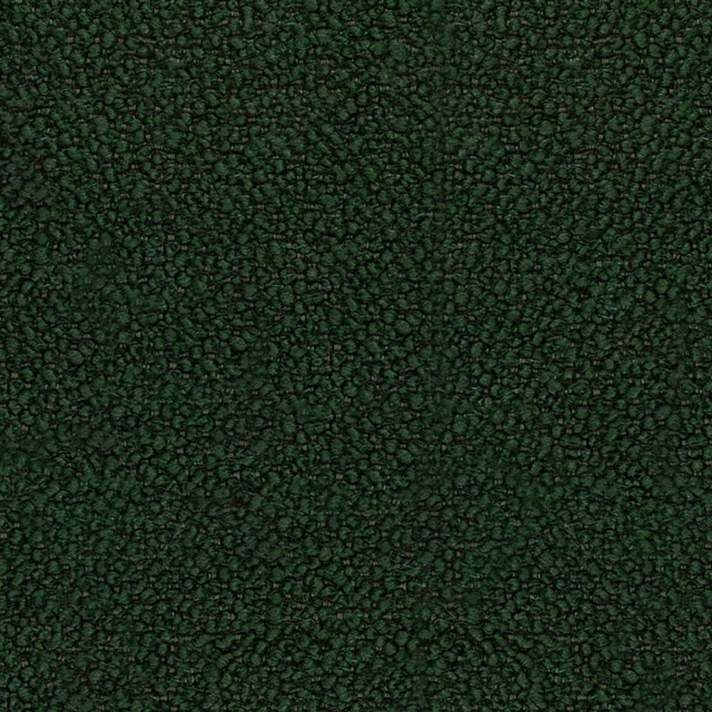 Close-up of dark green boucle upholstery fabric showing dense nubby texture, ideal for contemporary or modern sofas; 12% wool, 25% acrylic and 63% triacetate blend.