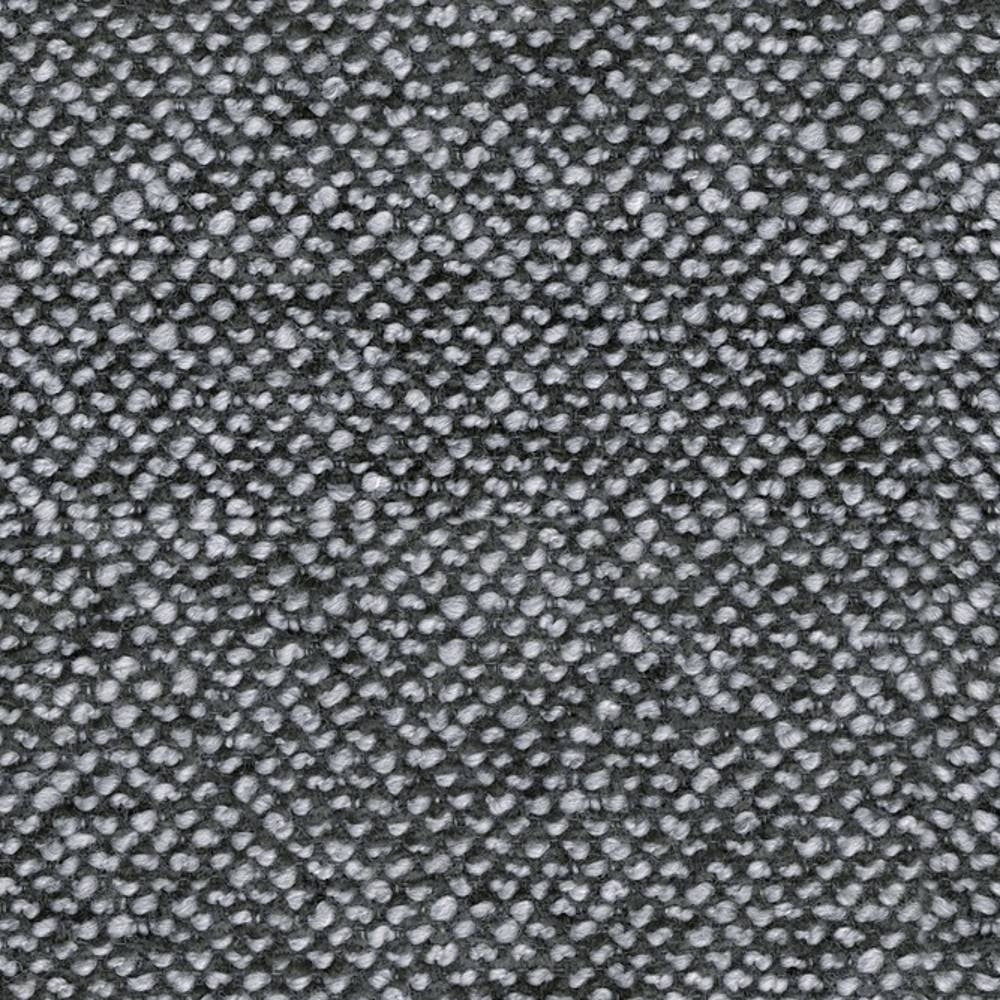 Close-up of charcoal and light gray boucle upholstery fabric showing dense, pebbled loop texture; a soft wool-blend weave suited for contemporary sofas and durable indoor upholstery.