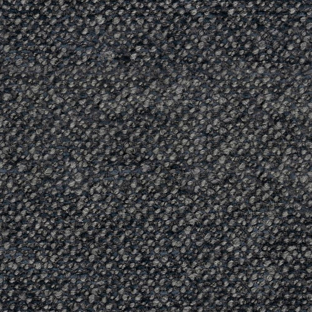 Close-up of dark charcoal boucle upholstery fabric showing dense looped texture and rich surface depth; durable mixed-fiber blend (16% wool, 24% acrylic, 8% linen, 9% rayon, 43% triacetate) for contemporary sofas.