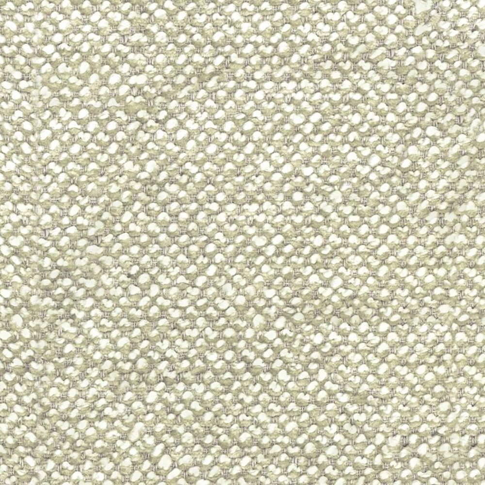 Close-up of cream-beige boucle upholstery fabric showing small looped texture and visible woven fibers; wool, acrylic, linen, rayon and triacetate blend ideal for contemporary sofa upholstery.