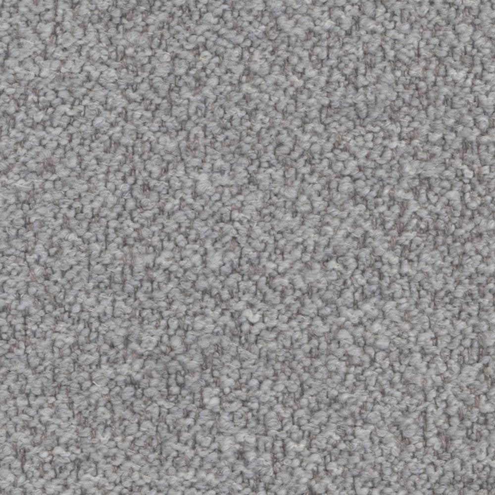 Close-up of light gray felted wool-look boucle upholstery fabric, showing soft looped texture and neutral tone; wool, acrylic, linen, rayon and triacetate blend for durable sofa upholstery.